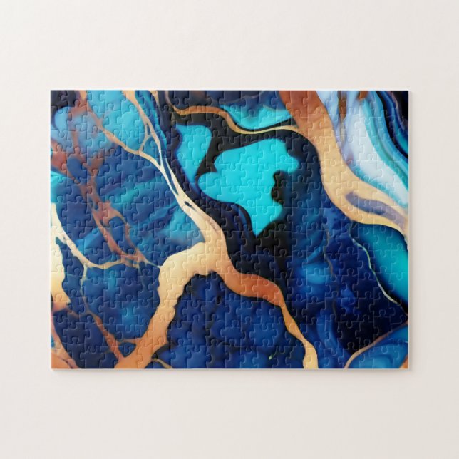 Trendy Blue yellow Gold faux marble Jigsaw Puzzle (Horizontal)