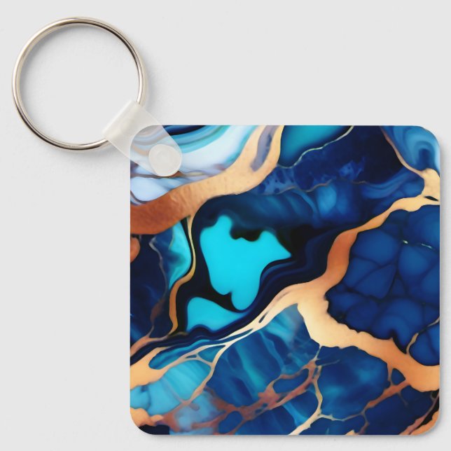 Trendy Blue yellow Gold faux marble  Key Ring (Front)