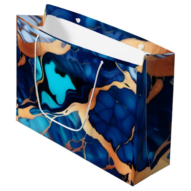 Trendy Blue yellow Gold faux marble  Large Gift Bag (Front Angled)