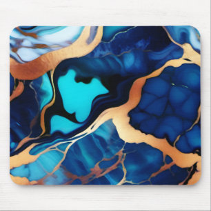 Trendy Blue yellow Gold faux marble Mouse Mat