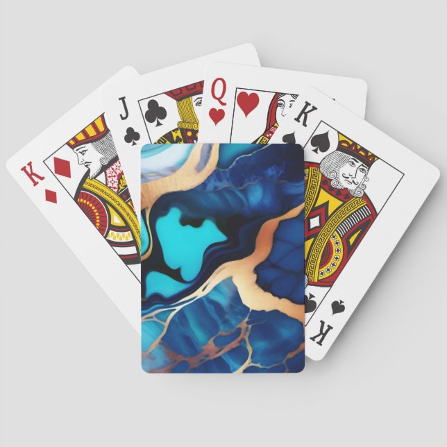 Trendy Blue yellow Gold faux marble Playing Cards (Back)