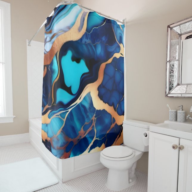 Trendy Blue yellow Gold faux marble  Shower Curtain (In Situ)