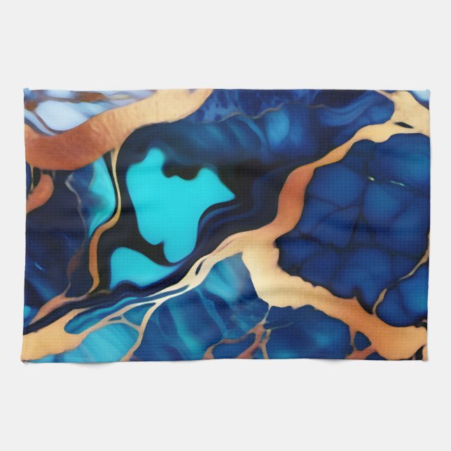 Trendy Blue yellow Gold faux marble Tea Towel (Horizontal)