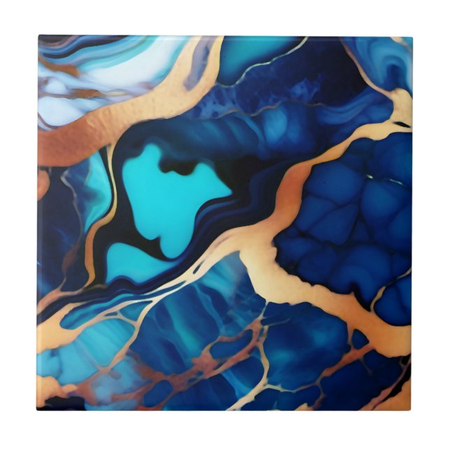 Trendy Blue yellow Gold faux marble Tile (Front)