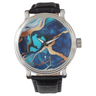 Trendy Blue yellow Gold faux marble  Watch