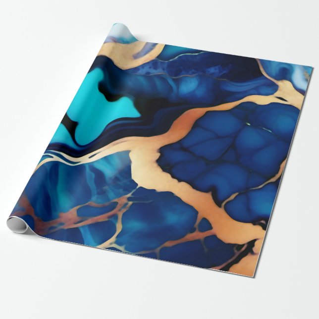 Trendy Blue yellow Gold faux marble Wrapping Paper (Unrolled)