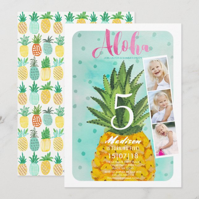 Trendy blue & yellow Tropical Pineapple Fruit Invitation (Front/Back)