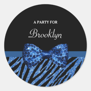 Trendy Blue Zebra Print FAUX Glitz Bow With Name Classic Round Sticker