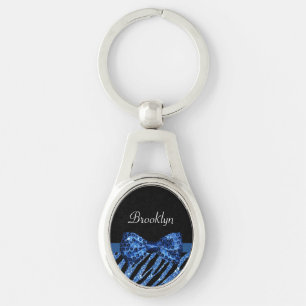 Trendy Blue Zebra Print FAUX Glitz Bow With Name Key Ring