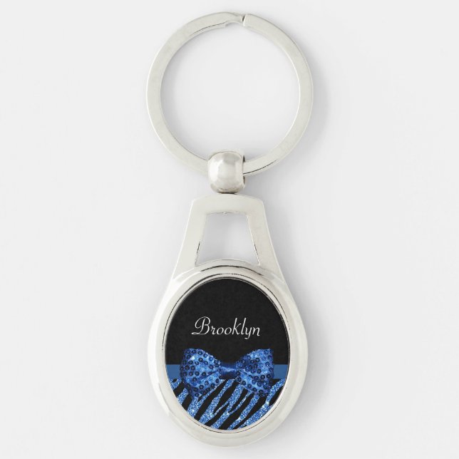 Trendy Blue Zebra Print FAUX Glitz Bow With Name Key Ring (Front)