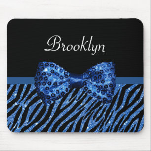 Trendy Blue Zebra Print FAUX Glitz Bow With Name Mouse Mat