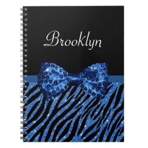 Trendy Blue Zebra Print FAUX Glitz Bow With Name Notebook