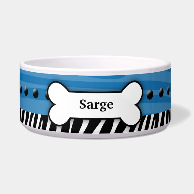 Trendy Blue Zebra Stripe Custom Pet Dog Food Bowl (Front)