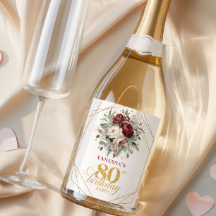 Trendy Blush Burgundy 80th Birthday Champagne Sparkling Wine Label