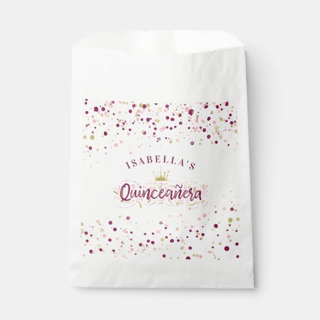 Trendy Blush Burgundy & Gold Confetti Quinceañera Favour Bags (Front)