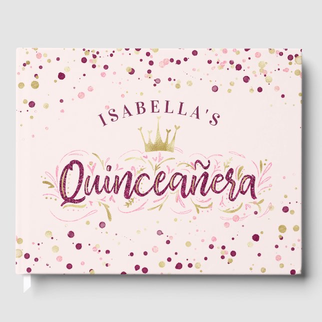 Trendy Blush Burgundy & Gold Confetti Quinceañera Guest Book (Front)