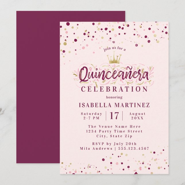 Trendy Blush Burgundy & Gold Confetti Quinceañera Invitation (Front/Back)