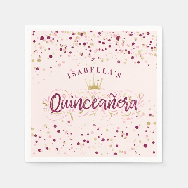 Trendy Blush Burgundy & Gold Confetti Quinceañera Napkin (Front)