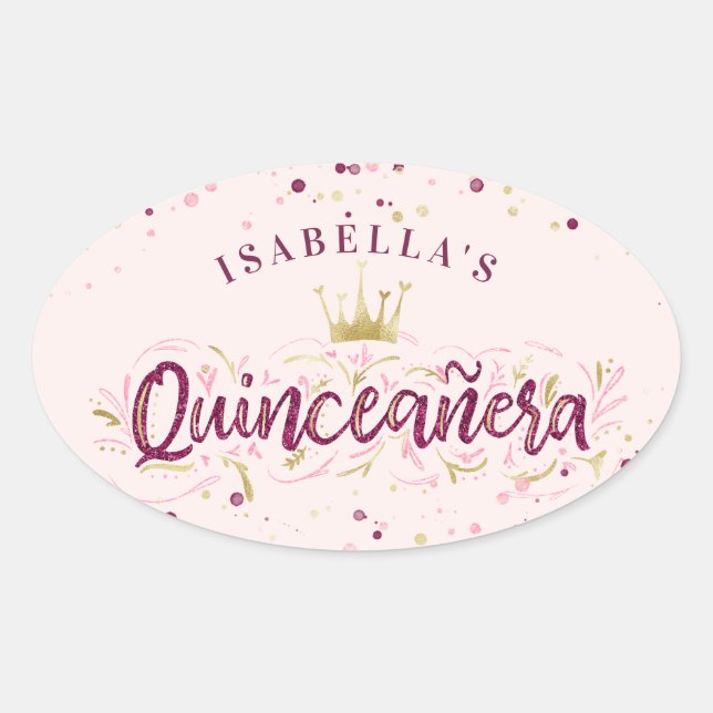 Trendy Blush Burgundy & Gold Confetti Quinceañera Oval Sticker (Front)