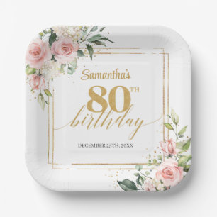 Trendy blush floral eucalyptus gold 80th birthday paper plate