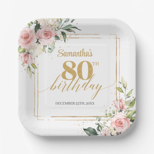 Trendy blush floral eucalyptus gold 80th birthday paper plate (Front)
