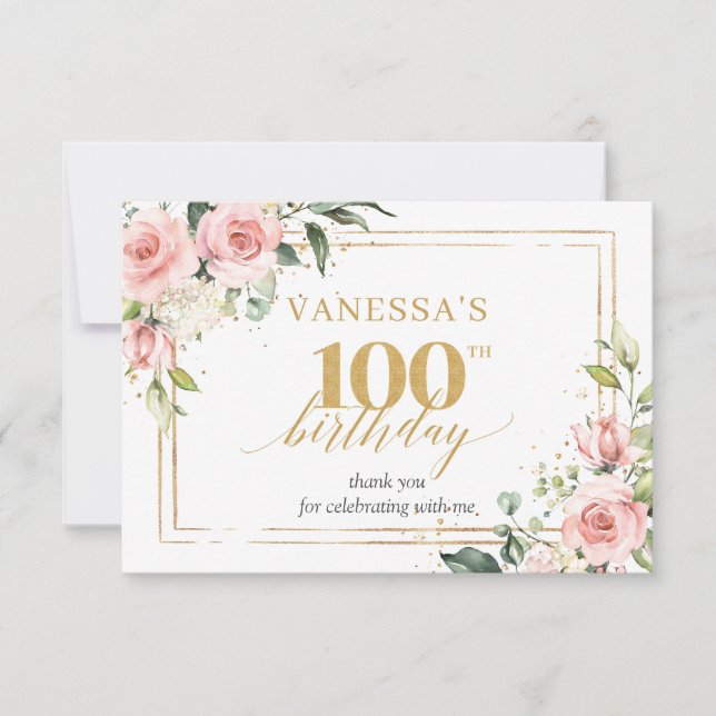 Trendy blush floral gold sparkles 100th Birthday Thank You Card (Front)