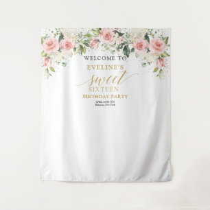Trendy blush floral gold sparkles 16th birthday tapestry