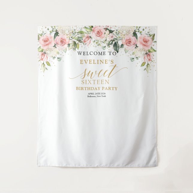 Trendy blush floral gold sparkles 16th birthday tapestry (Front)