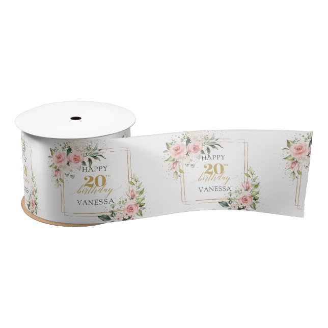 Trendy blush floral gold sparkles 20th birthday satin ribbon (Spool)