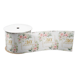 Trendy blush floral gold sparkles 30th birthday satin ribbon