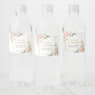 Trendy blush floral gold sparkles eucalyptus water bottle label