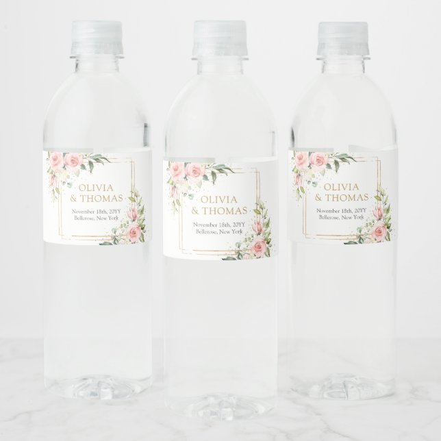 Trendy blush floral gold sparkles eucalyptus water bottle label (Bottles)