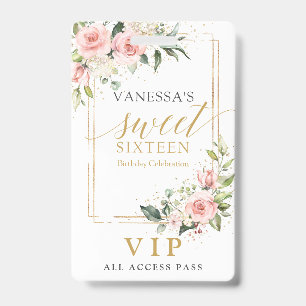 Trendy blush floral gold sparkles sage sweet 16th ID badge
