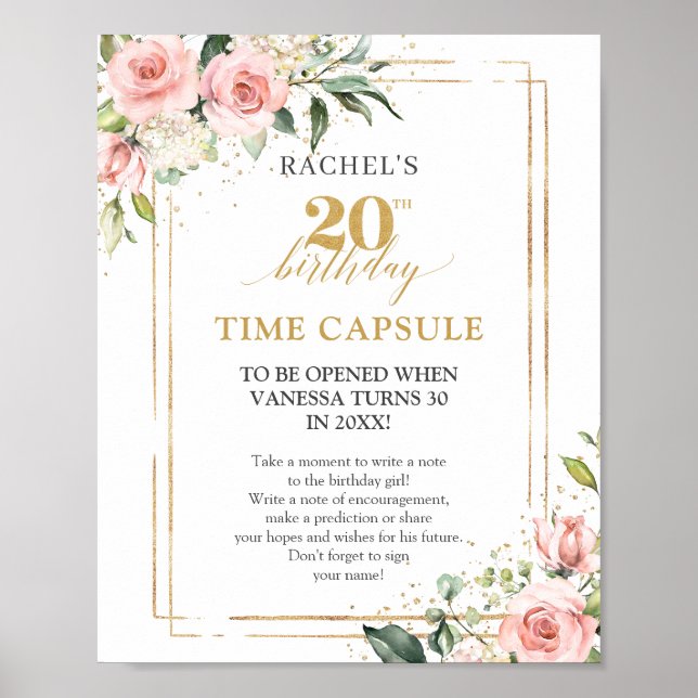 Trendy blush floral gold sparkles Time capsule Poster (Front)