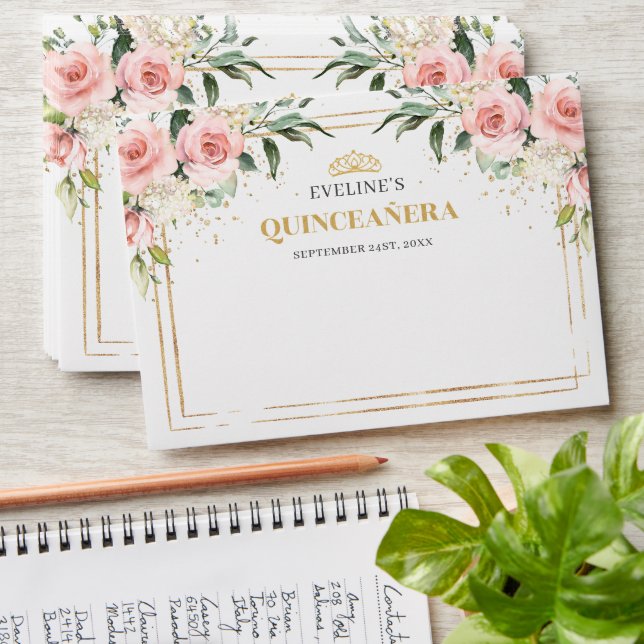 Trendy blush floral gold tiara Quinceanera  Envelope (Stacked)