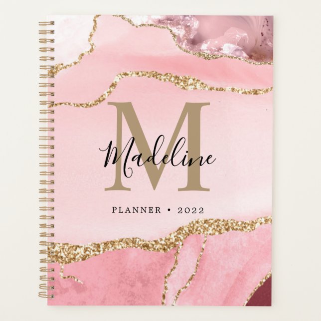 Trendy Blush Pink Agate Geode Gold Script Monogram Planner (Front)