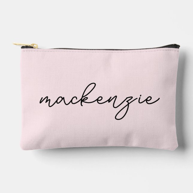 Trendy Blush Pink Black Script Name Accessory Pouch (Front)