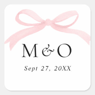 Trendy Blush Pink Bow Watercolor Monogram Wedding Square Sticker