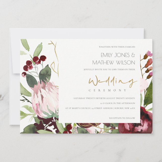 TRENDY BLUSH PINK BURGUNDY PROTEA FLORAL WEDDING INVITATION (Front)