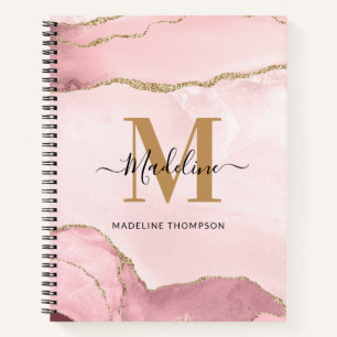 Trendy Blush Pink Gold Agate Marble Monogram Notebook