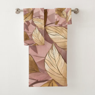 Trendy Blush Pink Gold Boho Leaves Collection Bath Towel Set