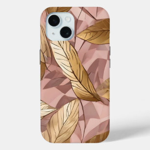 Trendy Blush Pink Gold Boho Leaves Collection iPhone 15 Case