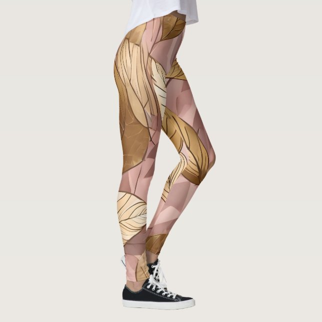Trendy Blush Pink Gold Boho Leaves Collection Leggings (Right)