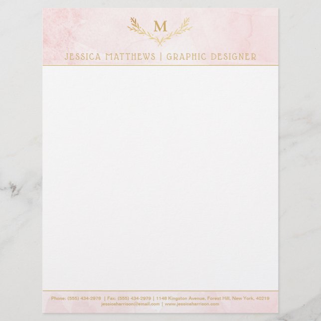 Trendy Blush Pink & Gold Foil Monogram Wreath Custom Letterhead (Front)