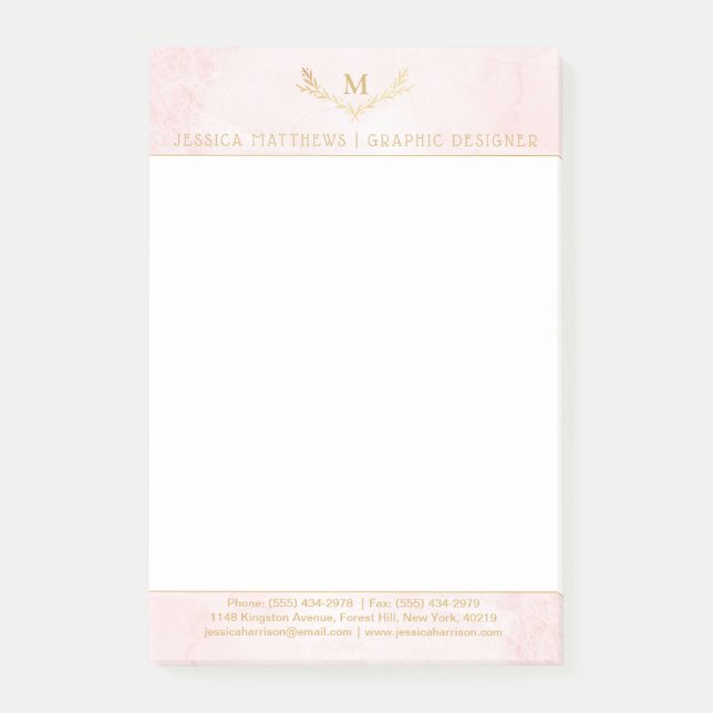 Trendy Blush Pink & Gold Foil Monogram Wreath Post-it Notes (Front)