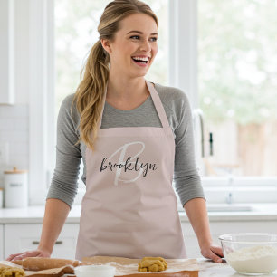 Trendy Blush Pink Grey Script Monogram Name Apron
