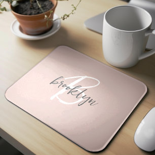 Trendy Blush Pink Grey Script Monogram Name Mouse Mat