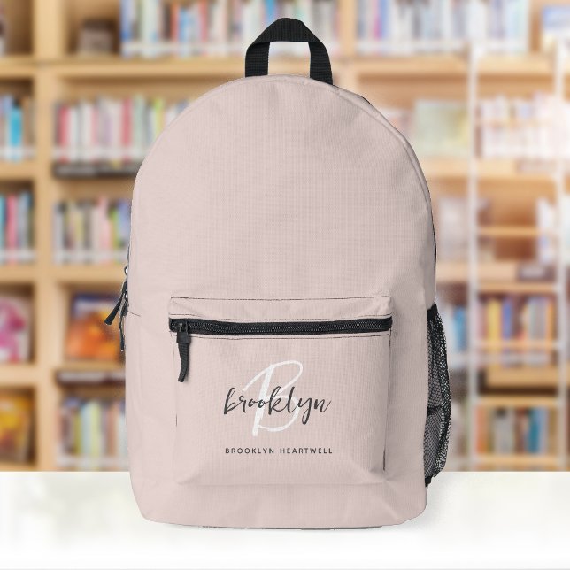 Trendy Blush Pink Grey Script Monogram Name Printed Backpack (Creator Uploaded)