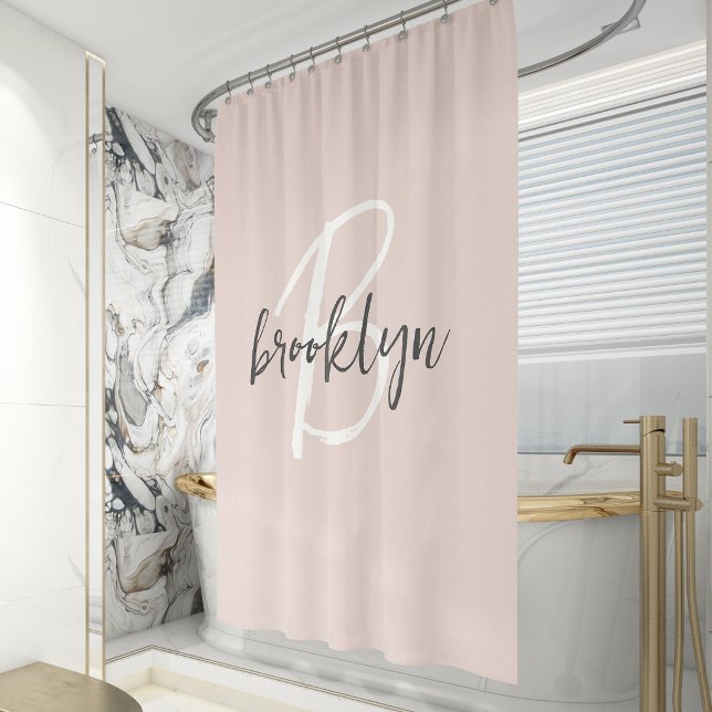 Trendy Blush Pink Grey Script Monogram Name Shower Curtain (Creator Uploaded)