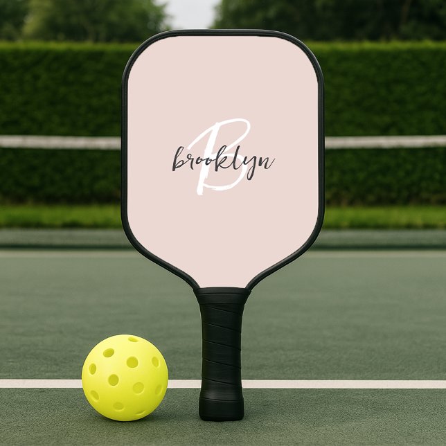 Trendy Blush Pink Grey Script Monogram Pickleball Paddle (Creator Uploaded)